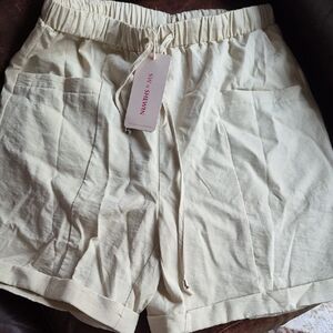 SHEIN Cream Drawstring Linen-Blend Bermuda Shorts